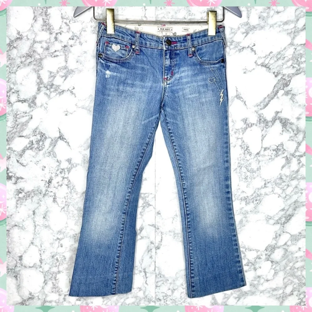 Old Navy Y2K Girls 12 Light Wash Embroider Denim Capris Stretch Adjustable Waist - Picture 9 of 11